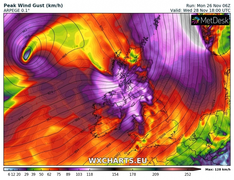 tempesta di vento diana regno unito irlanda 28 novembre venti massimi