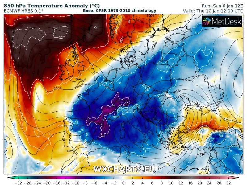 previsioni meteo freddo europa 10 gennaio anomalia termica