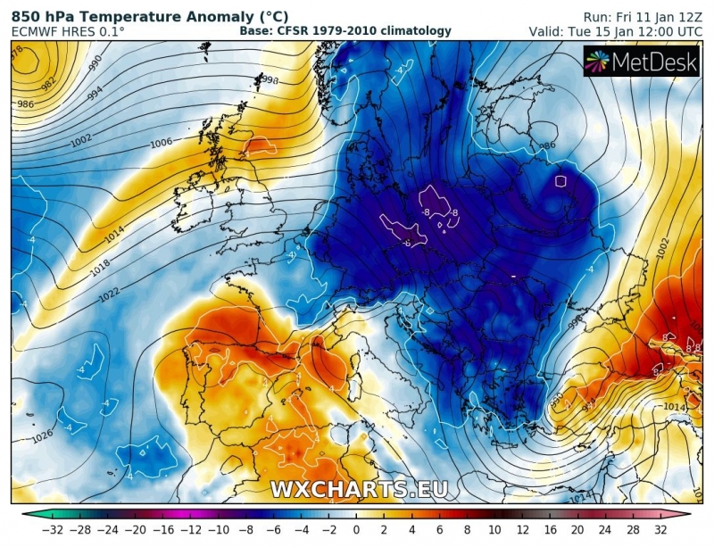 previsioni meteo freddo europa 15 gennaio anomalia termica
