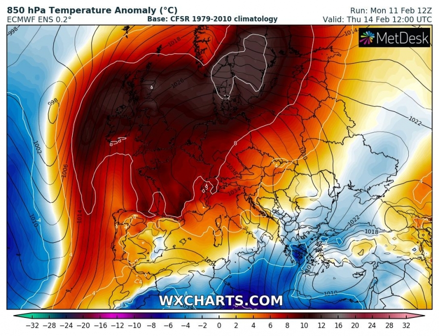 previsioni meteo caldo europa 14 febbraio anomalia termica