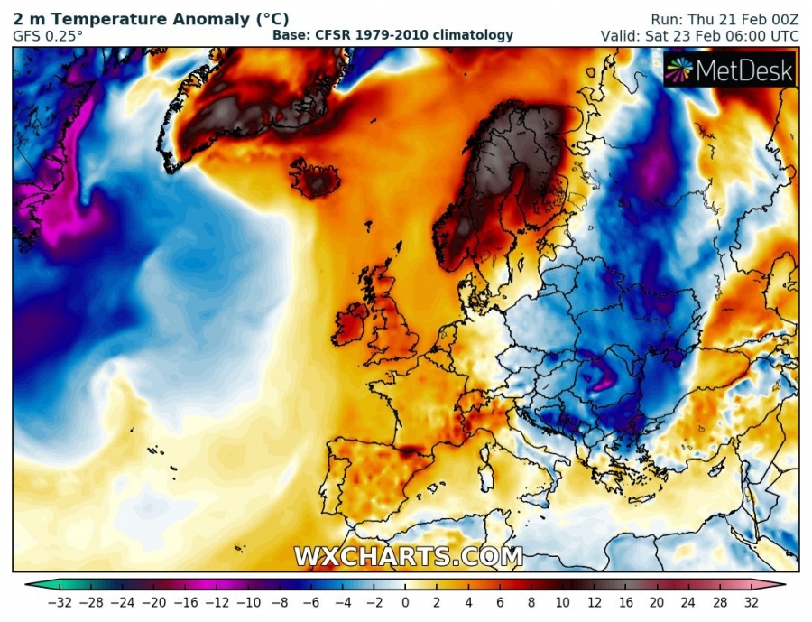 previsioni meteo caldo europa 23 febbraio anomalia termica