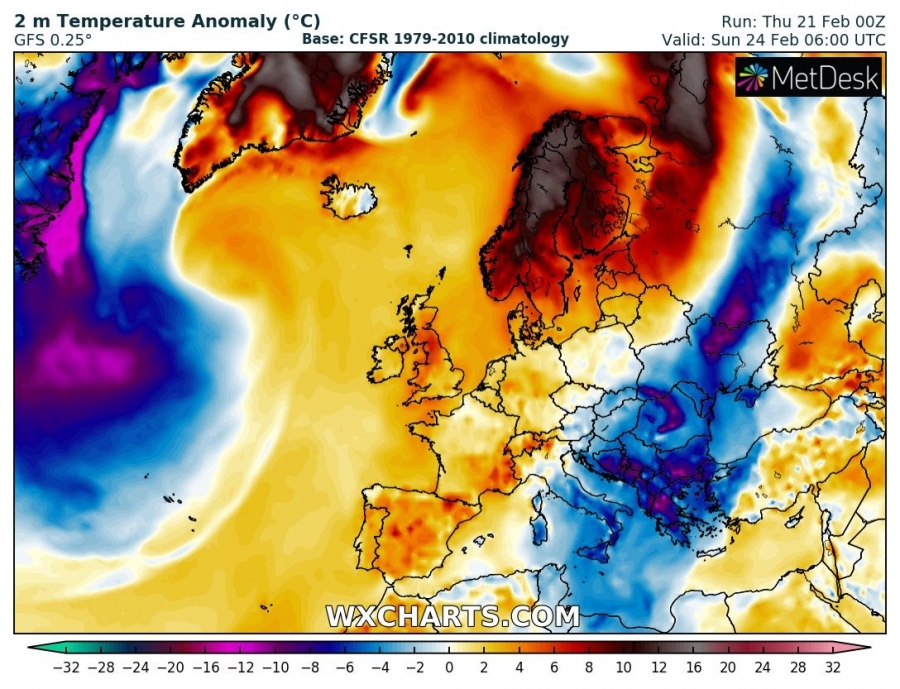 previsioni meteo caldo europa 24 febbraio anomalia termica