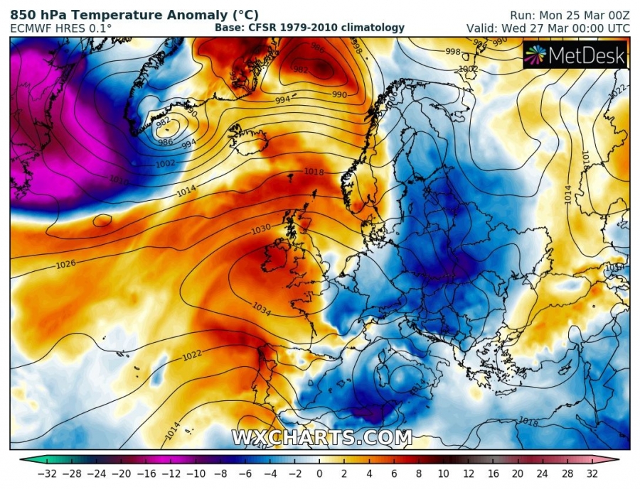 previsioni meteo europa 27 marzo anomalia termica