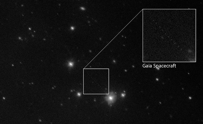 Questa immagine, un composito di diverse osservazioni catturate dal VST (VLT Survey Telescope) dell'ESO, mostra il satellite Gaia come una debole scia di punti nella metà inferiore del campo visivo stellato. Queste osservazioni sono state prese nell'ambito di un continuo sforzo collaborativo per misurare l'orbita di Gaia e migliorare l'accuratezza della sua mappa stellare senza precedenti.Crediti:
ESO