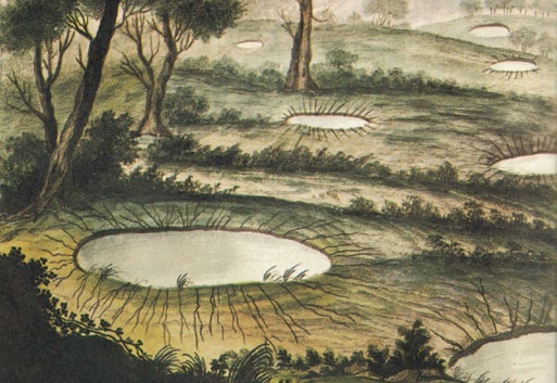 Formazione di crateri di depositi sabbiosi nella Piana di Gioia Tauro (Atlante iconografico allegato alla “Istoria” di M. Sarconi, 1784).