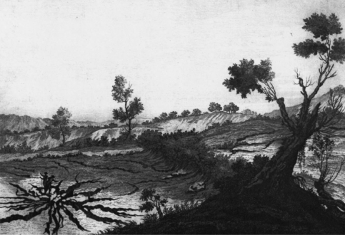 Fenditure di terreno nel distretto di Gerocarne (Atlante iconografico allegato alla “Istoria” di M. Sarconi, 1784).