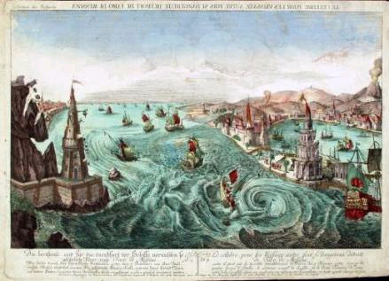 Antica incisione che illustra le onde di maremoto prodotte dal terremoto del 5 febbraio 1783 nello Stretto di Messina.