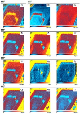 Mappa chimica di un pirosseno di Stromboli. La banda di composizione diversa all'interno del cristallo indica l'arrivo di nuovo magma prima dell'eruzione esplosiva del 5 aprile 2003