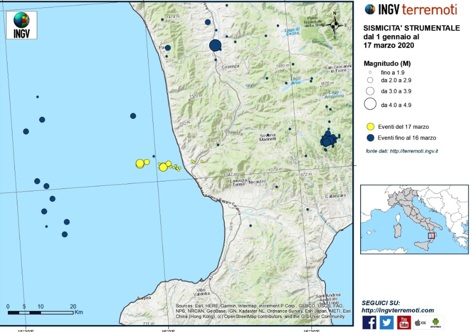 Eventi sismici che si sono verificati dal 1 gennaio al 17 marzo 2020. In giallo la sismicità lungo la costa tirrenica calabrese vicino Amantea (CS). copia