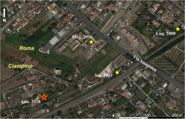 Figura 1 - Sito del blowout di gas da pozzo avvenuto il 9 giugno 2020 a Ciampino (stella rossa); le stelle gialle indicano i precedenti blowout di gas avvenuti nella stessa zona (nel Comune di Roma).