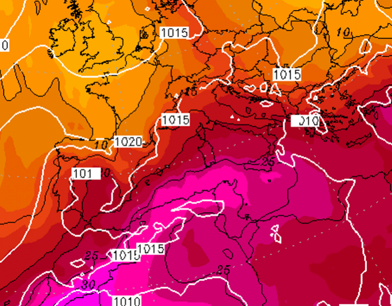 Le temperature ad 850hPa previste per Lunedì 17 Agosto 2020