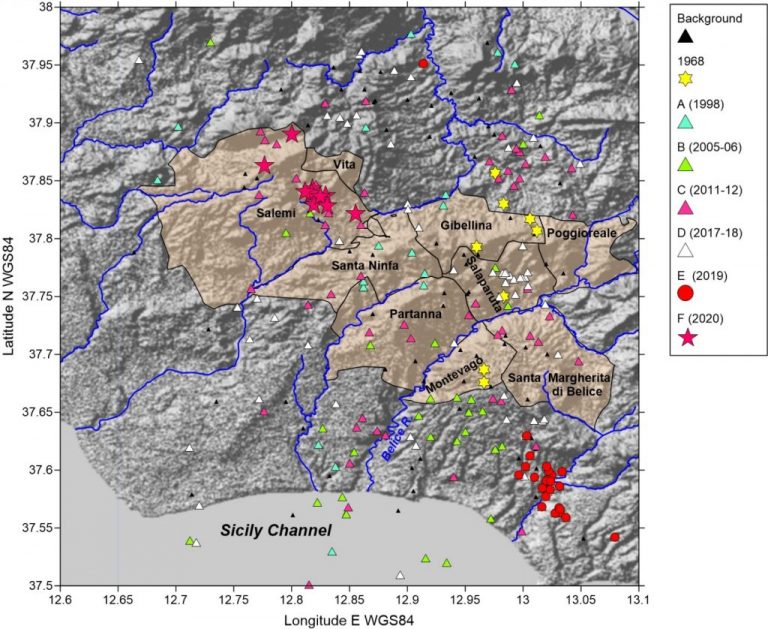 Figura 1 - Mappa con le principali sequenze sismiche verificatesi in Sicilia sudoccidentale dal 1985 ad oggi (fonte: database ISIDE INGV http://terremoti.ingv.it/iside).