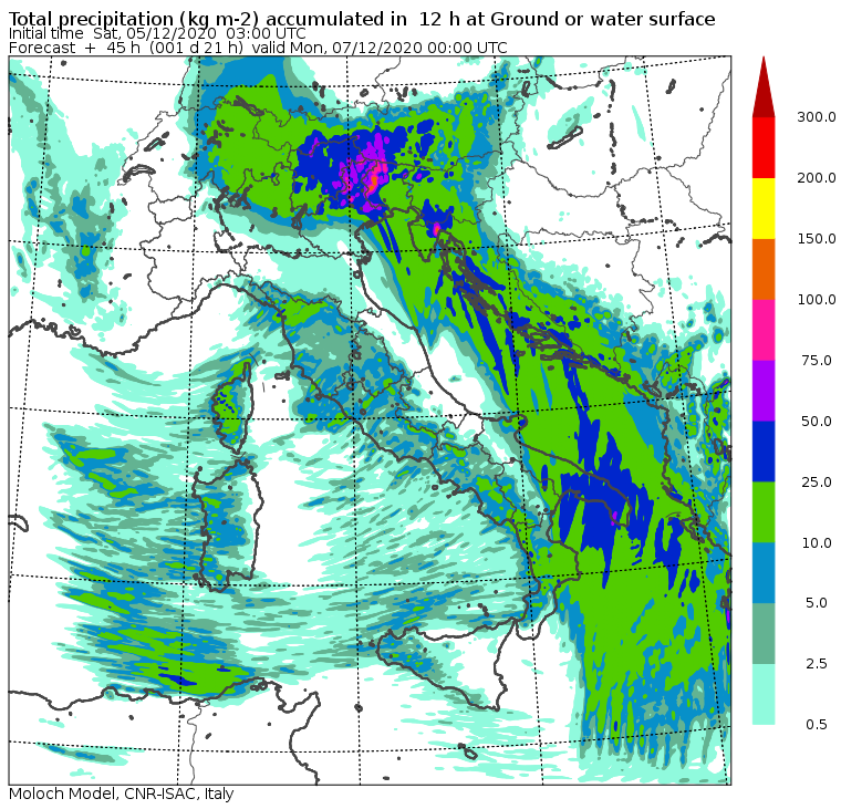 Le piogge previste sull'Italia per il pomeriggio/sera di Domenica 6 Dicembre