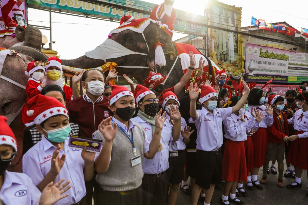 festività di dicembre in tutto il mondo elefanti babbo natale thailandia