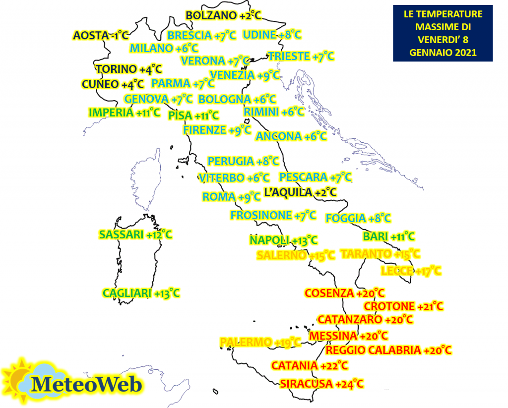 meteo italia temperature massime oggi