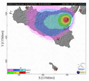 meteo etna dispersione ceneri vulcaniche ore 6 del 25 febbraio