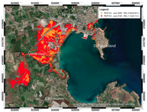 Mappa della potenziale sommersione del Porto di Siracusa secondo uno degli scenari dell’IPCC al 2050 (in giallo) e al 2100 (in rosso)
