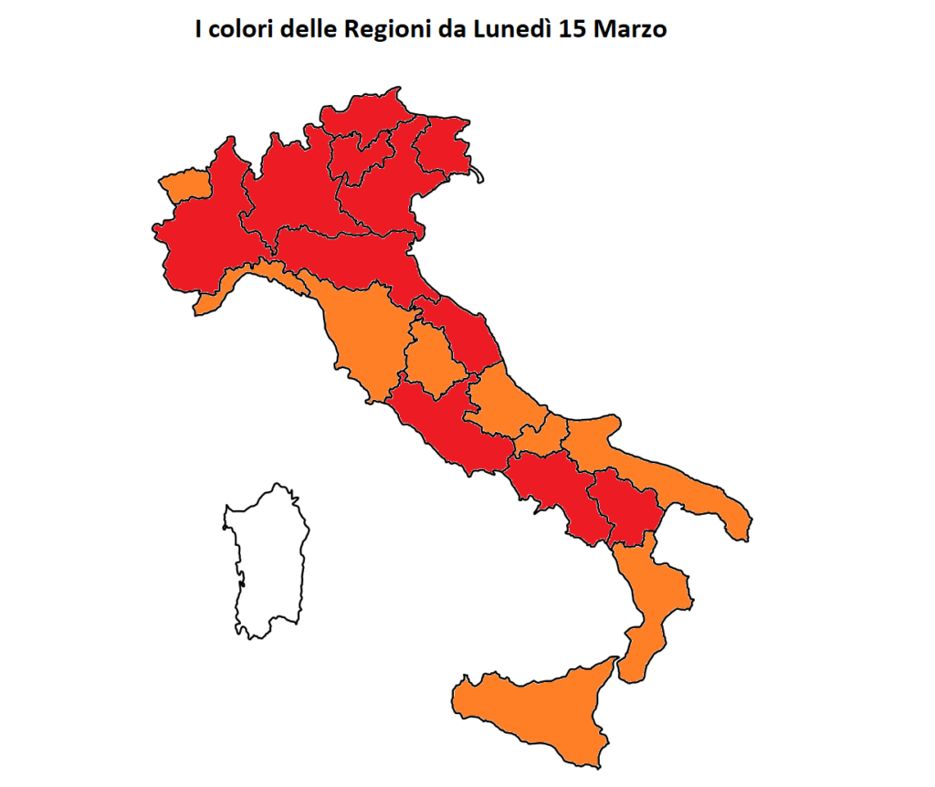 colori regioni italia coronavirus lunedì 15 marzo
