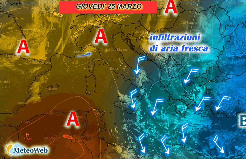 previsioni meteo giovedì 25 marzo