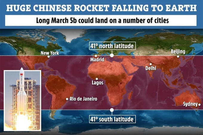 razzo cinese fuori controllo mappa satellite terra impatto