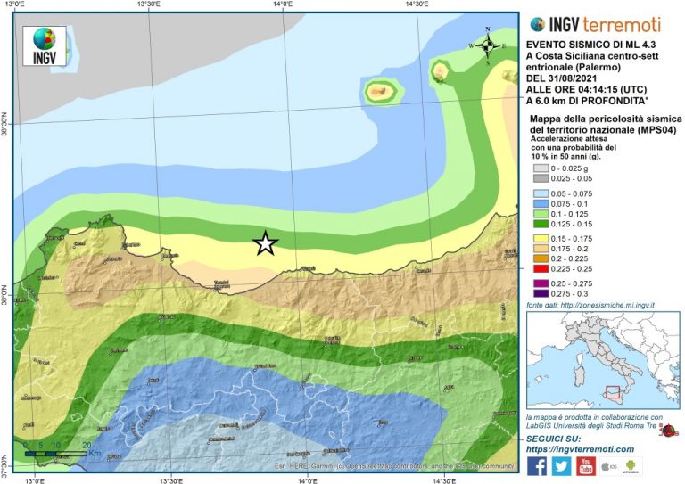 Localizzazione dell’evento sismico (stella bianca) di magnitudo ML 4.3 sovrapposta alla mappa di pericolosità sismica del territorio nazionale