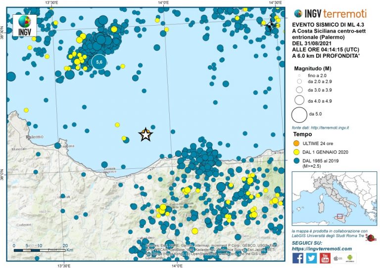 Localizzazione dell’evento sismico (stella bianca) di magnitudo ML 4.3 sovrapposta alla sismicità dal 1985 ad oggi (http://terremoti.ingv.it)