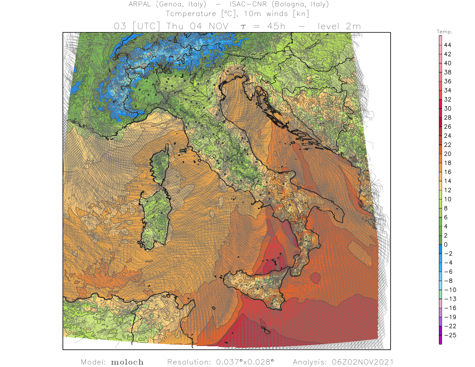 vento e temperature giovedì 4 novembre ore 5