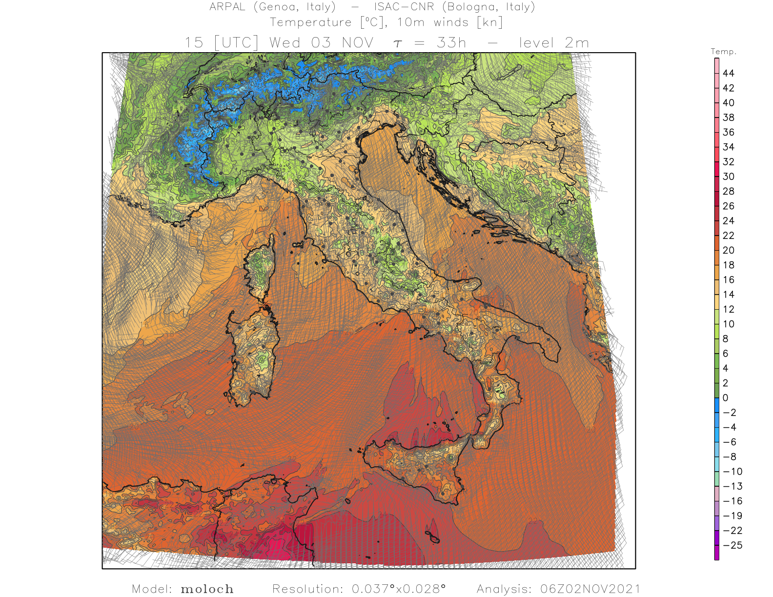 vento e temperature mercoledì 3 novembre ore 16