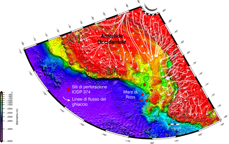 Immagine che mostra una ricostruzione del Mare di Ross risalente a circa 16 milioni di anni fa. Le frecce indicano il flusso del ghiaccio simulato, proveniente prevalentemente dalla calotta occidentale antartica, come documentato dalla perforazione IODP 374