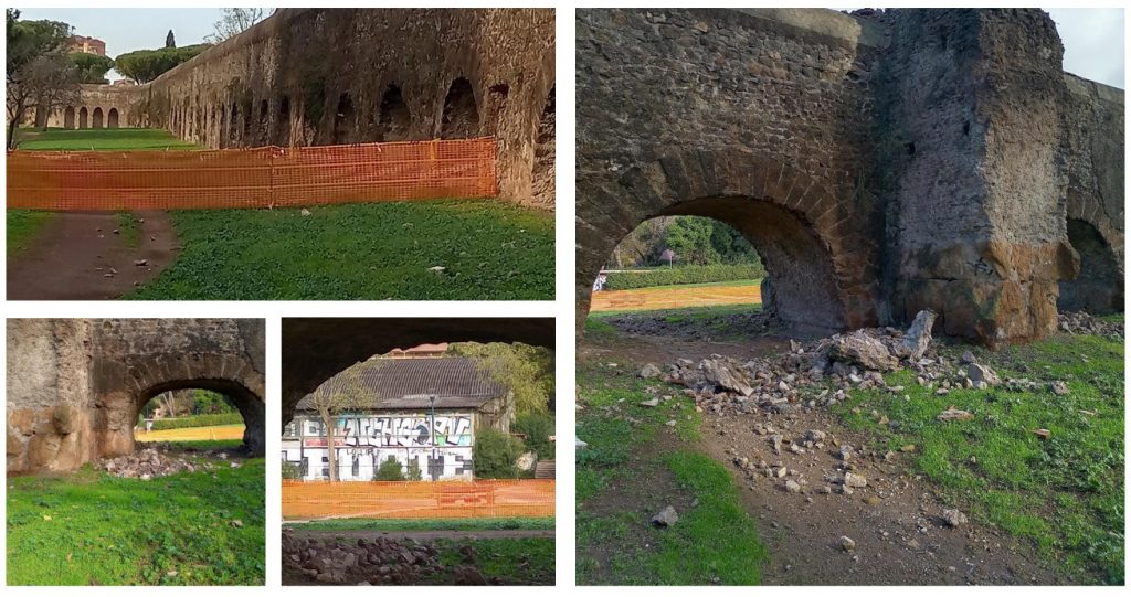 Crolla porzione Acquedotto Marcio in parco a Roma