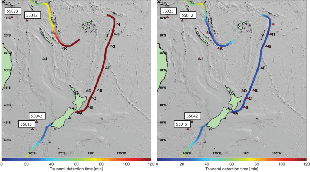 Le linee colorate indicano le faglie associate all’attività sismica nell’Oceano Pacifico sud- occidentale (da Fry et al., 2020). I colori indicano il tempo di rilevamento di uno tsunami generato da un terremoto lungo una di queste faglie usando la rete di boe DART. Il pannello di sinistra mostra i tempi di rilevamento prima dell’installazione della nuova rete DART della Nuova Zelanda. Quello di destra i tempi di rilevamento con la rete completa. I triangoli colorati sono indicano la posizione del DART nuovi (indicati con le lettere) e quelli esistenti (indicati dai numeri)