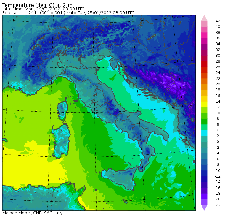 temperature polari italia notte 25 gennaio