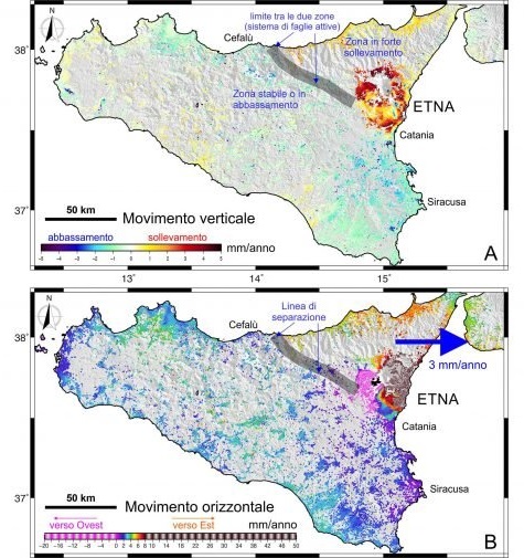 mappa a scala regionale dei processi tettonici attivi in Sicilia