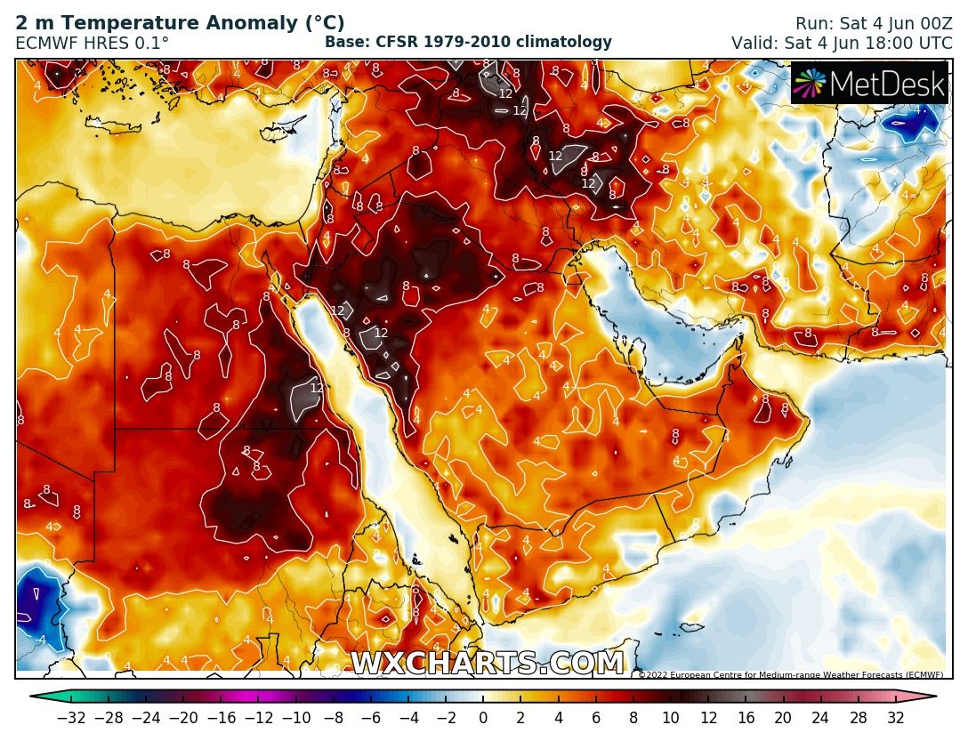 anomalia temperatura 4 giugno 2022 medio oriente