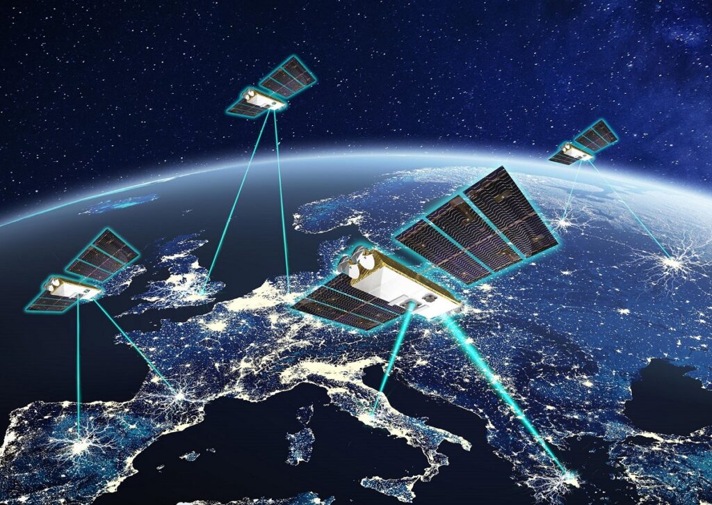 TeQuantS Planet Earth viewed from space with city lights in Europe. World with sunrise. Conceptual image for global business or European communication technology, elements from NASA
