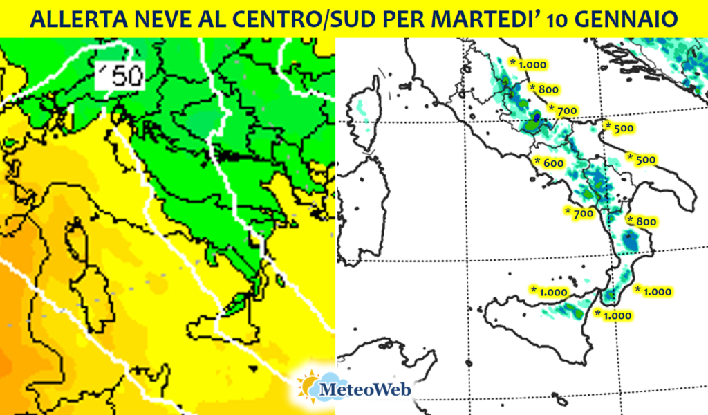 allerta neve centro sud martedì 10 gennaio
