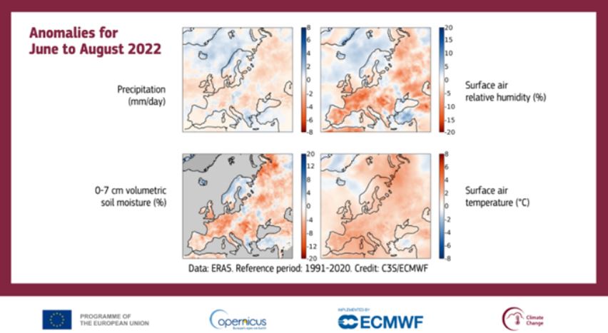 anomalia precipitazioni umidità temperatura europe giugno-agosto 2022