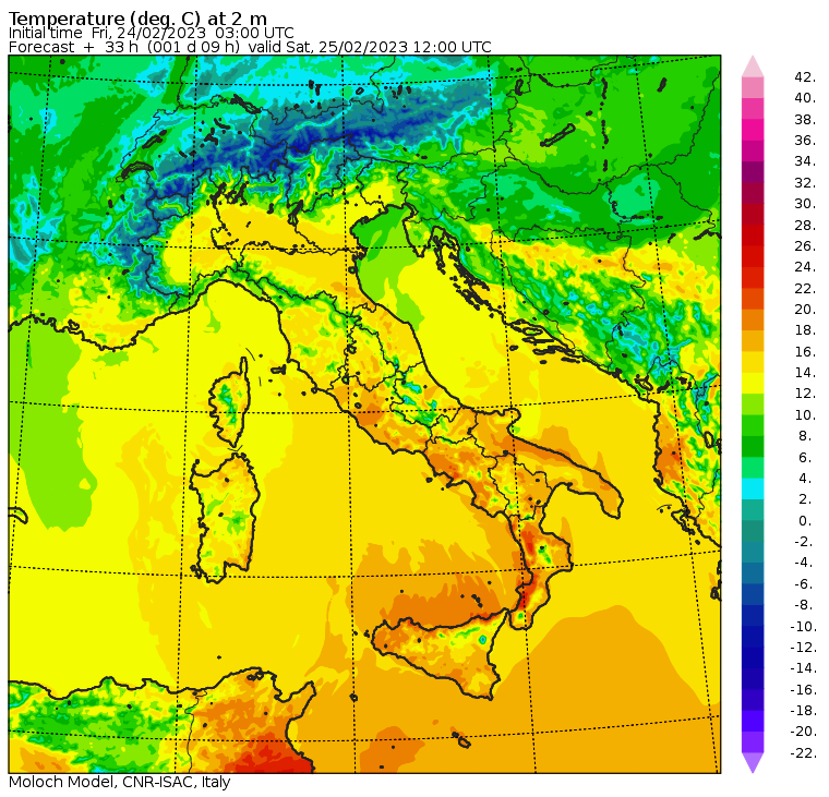 temperature massime italia sabato 25 febbraio 2023