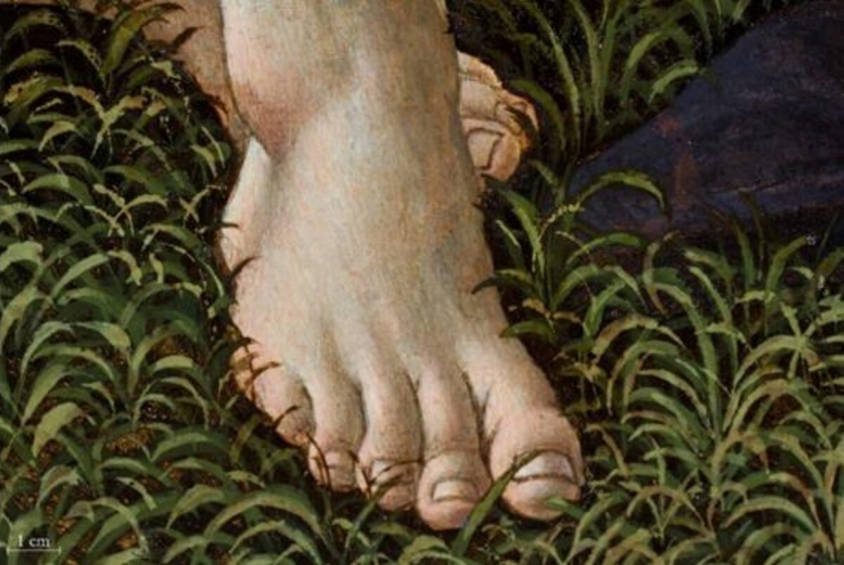Dettaglio del piede di Cristo nel "Compianto di Cristo" Sandro Botticelli - Conservazione delle Belle Arti