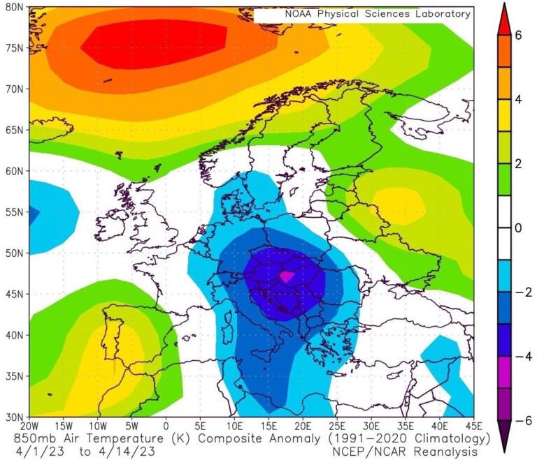 anomalie termiche europa metà aprile 2023
