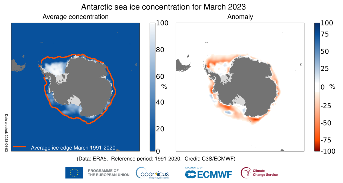 concentrazione ghiaccio marino antartico marzo 2023