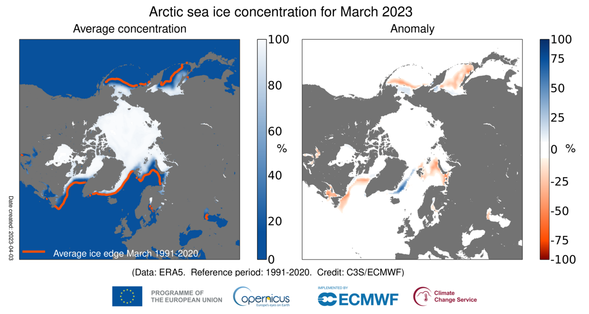 concentrazione ghiaccio marino artico marzo 2023
