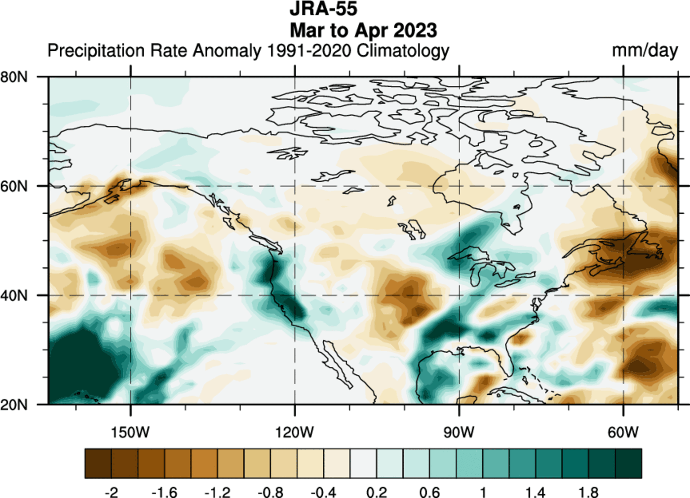 anomalia precipitazioni nord america marzo-aprile 2023