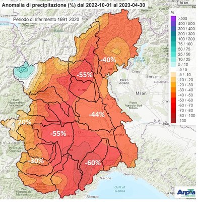 anomalia precipitazioni ottobre 2022-aprile 2023 piemonte