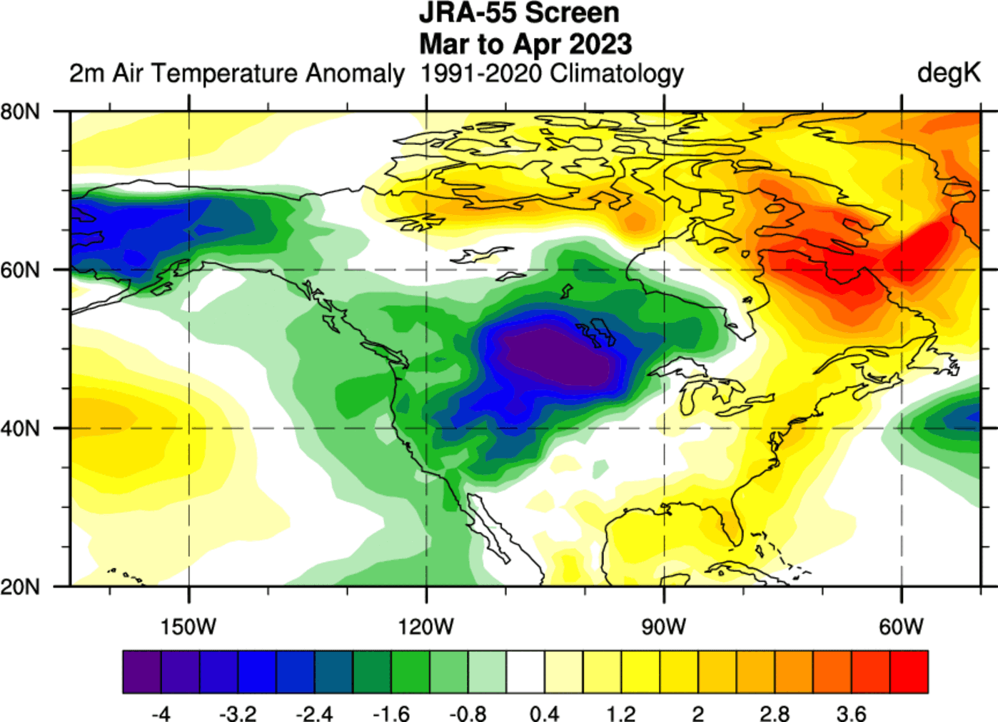 anomalia temperatura nord america marzo-aprile 2023