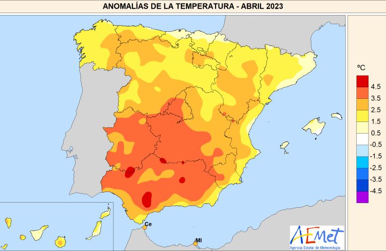 anomalia temperatura spagna aprile 2023