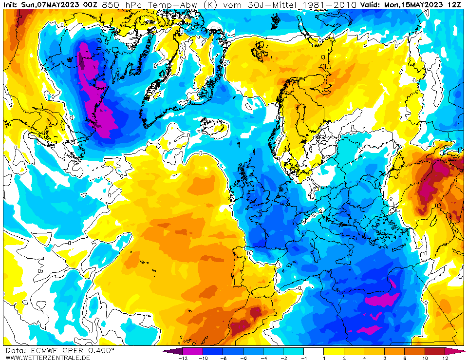 anomalie termiche europa lunedì 15 maggio 2023