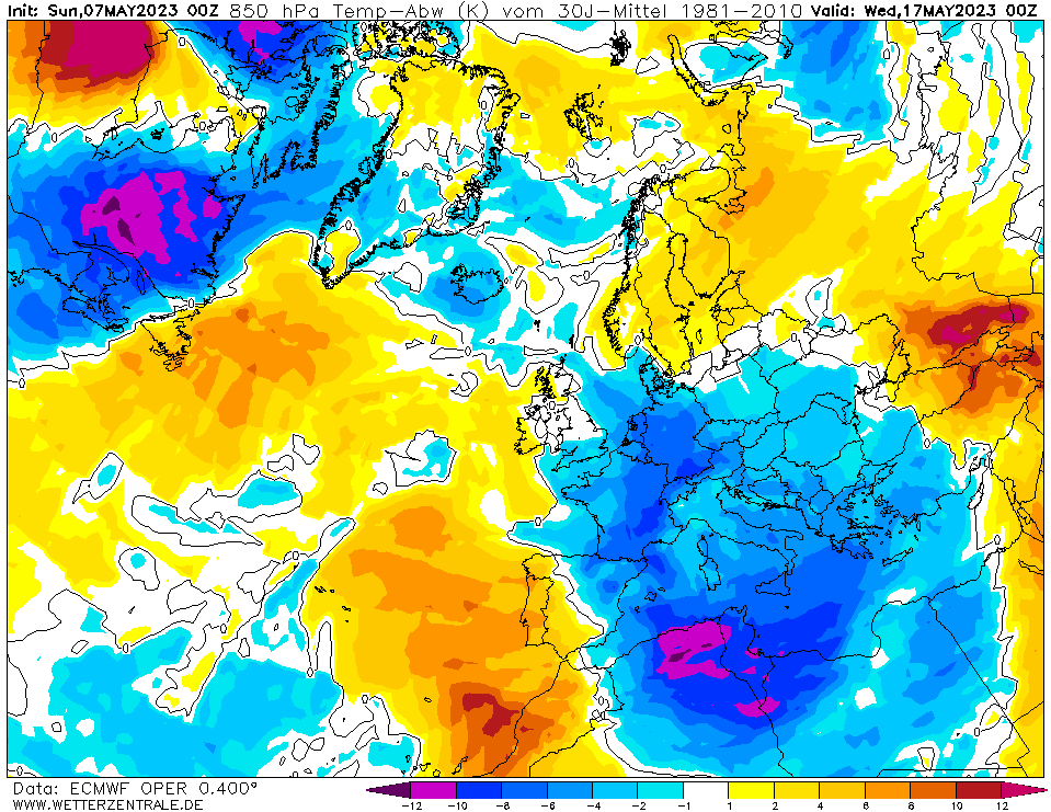 anomalie termiche europa mercoledì 17 maggio 2023