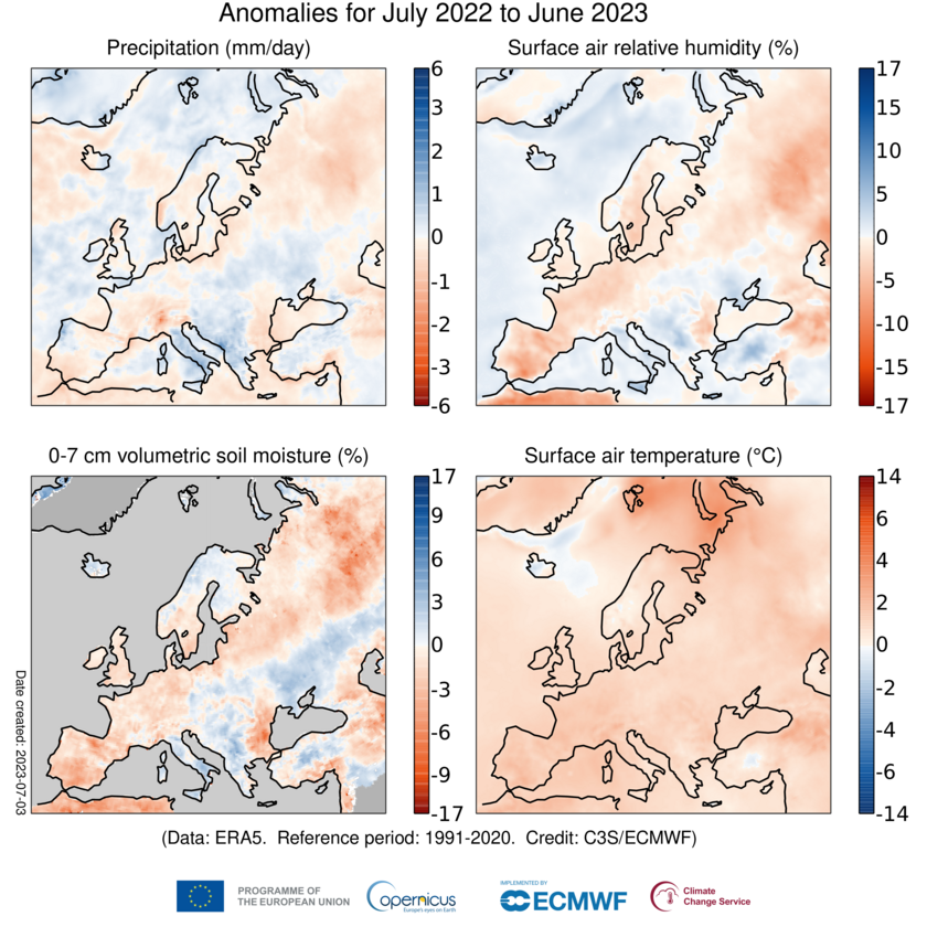 anomalia precipitazioni europa luglio 2022-giugno 2023