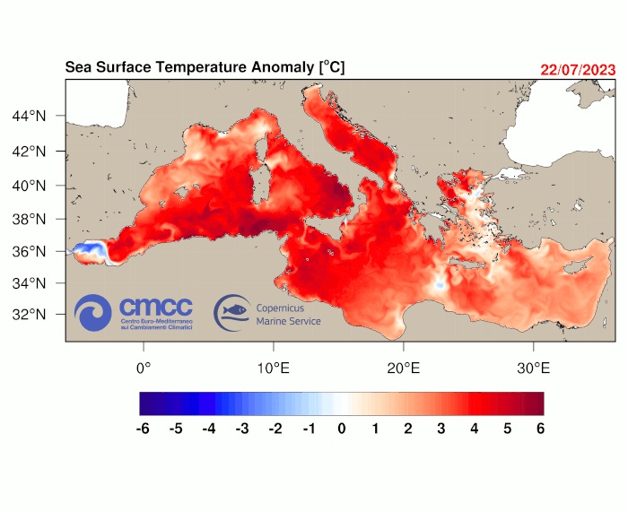 anomalia temperatura mediterraneo 22 luglio 2023